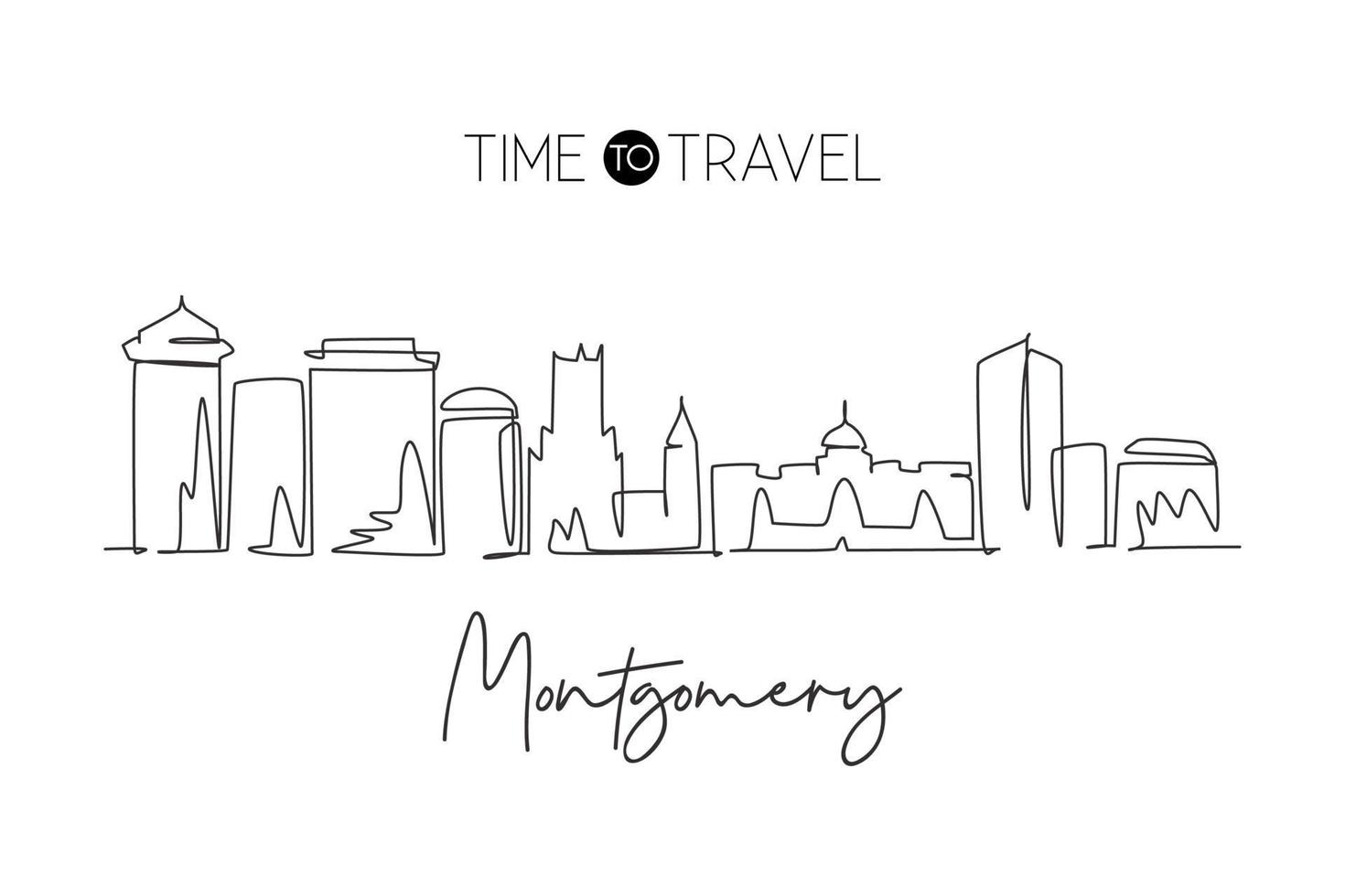 Single continuous line drawing Montgomery city skyline, Alabama. Famous city scraper landscape. World travel home wall decor art poster print concept. Modern one line draw design vector illustration