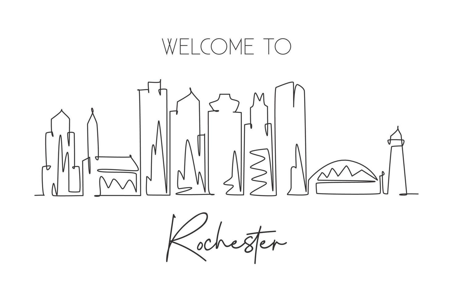 One single line drawing visit Rochester city skyline, New York State. World beauty town landscape art. Best holiday destination. Editable stroke trendy continuous line draw design vector illustration