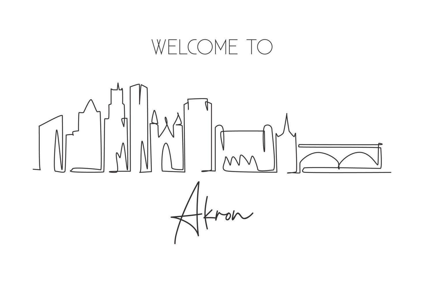 One continuous line drawing of Akron city skyline, Ohio. Beautiful landmark. Beautiful world landscape tourism travel wall decor poster, postcard. Stylish single line draw design vector illustration