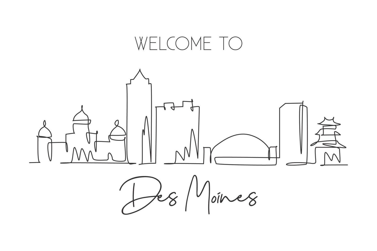 One continuous line drawing of Des Moines city skyline, Iowa. Beautiful landmark. World landscape tourism travel wall decor poster art, postcard. Stylish single line draw design vector illustration