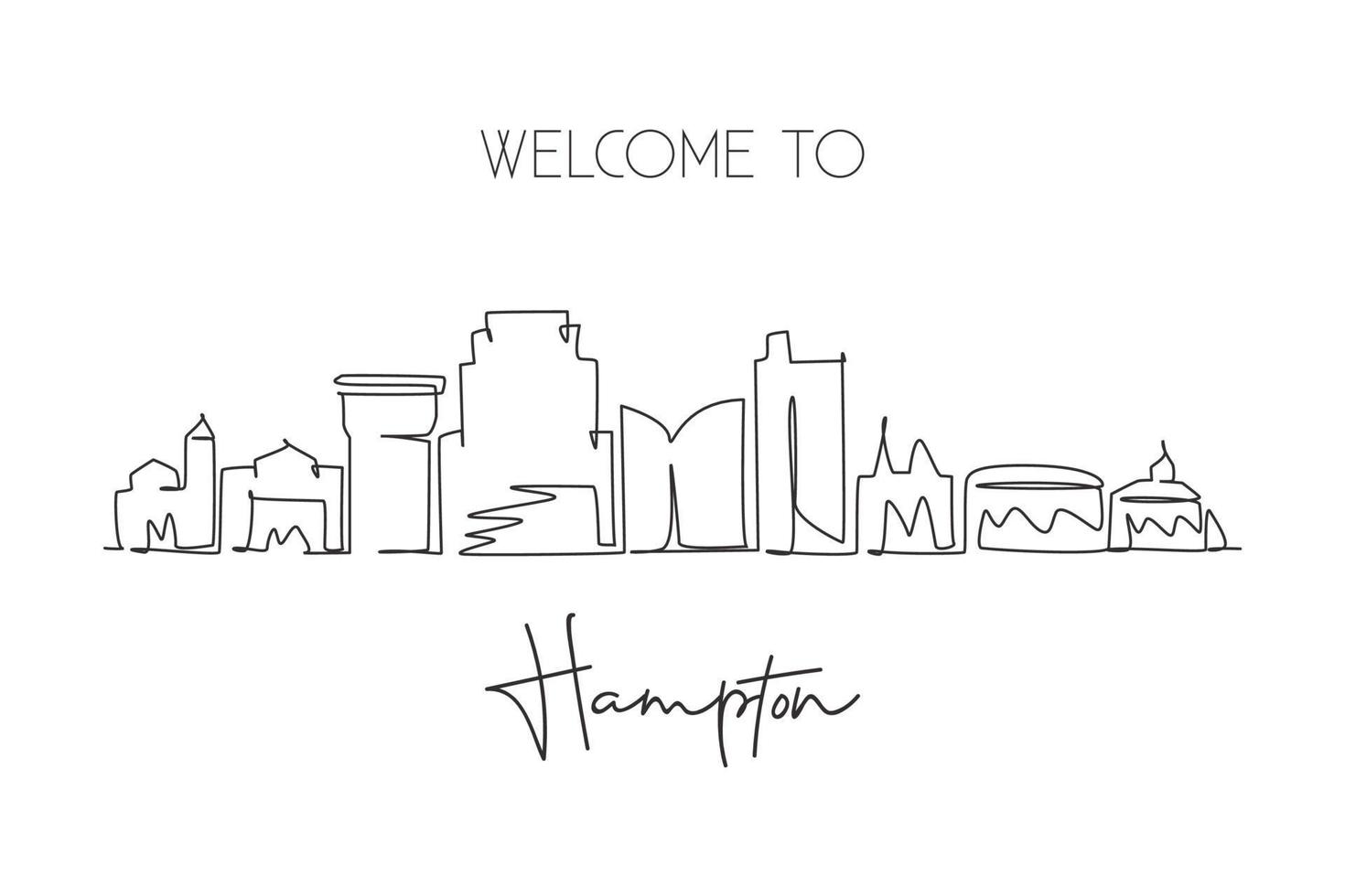 One single line drawing Hampton city skyline, Virginia. World historical town landscape. Best holiday destination postcard print. Editable stroke trendy continuous line draw design vector illustration