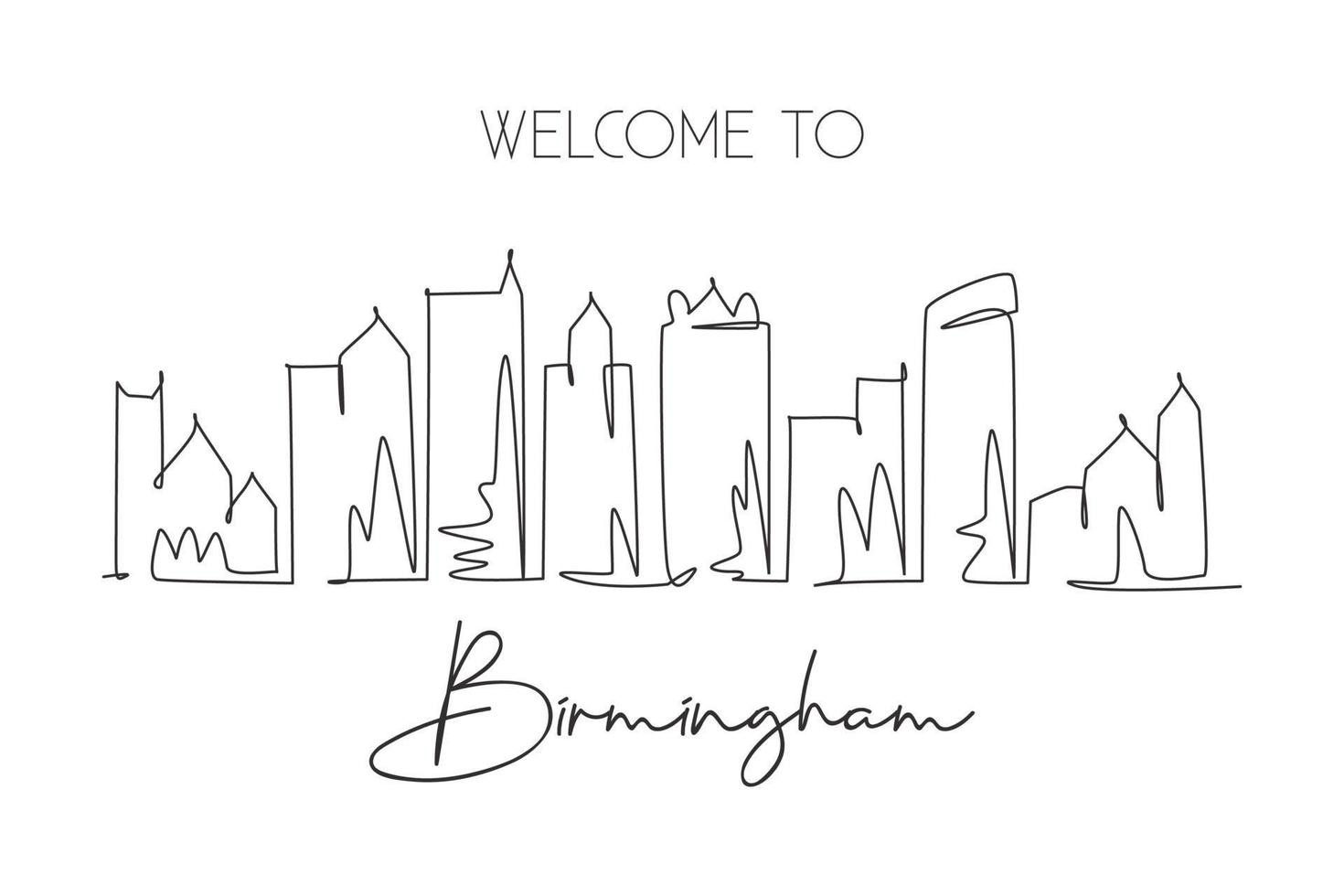 One single line drawing visit Birmingham city skyline, Alabama. World beauty town landscape. Best holiday destination postcard. Editable stroke trendy continuous line draw design vector illustration