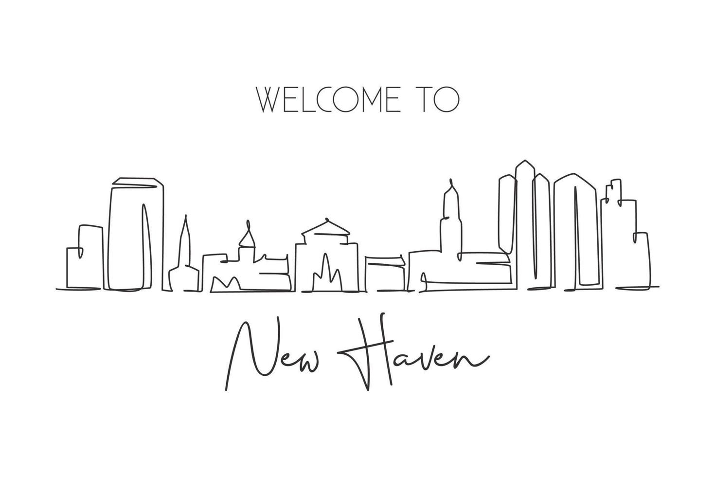 One single line drawing New Haven city skyline, Connecticut. World historical town landscape. Best holiday destination postcard. Editable stroke trendy continuous line draw design vector illustration