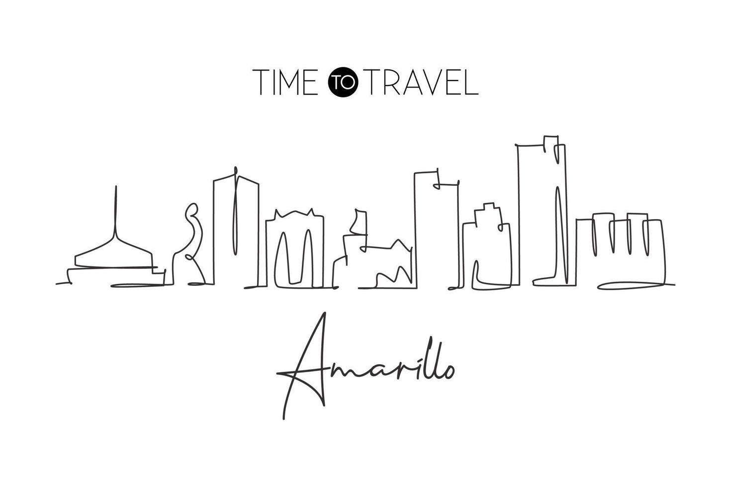 One continuous line drawing of Amarillo city skyline, Texas. Beautiful landmark. World landscape tourism travel wall decor poster, postcard. Stylish single line draw graphic design vector illustration