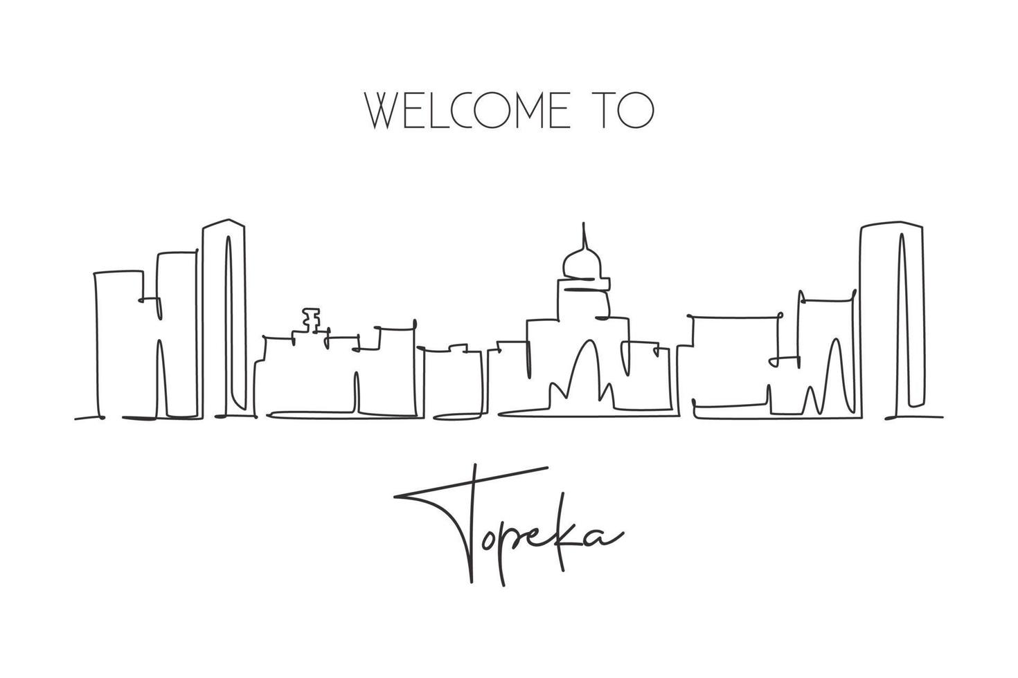 One continuous line drawing of Topeka city skyline, Kansas. Beautiful landmark. World landscape tourism travel home wall decor poster print. Stylish single line draw graphic design vector illustration