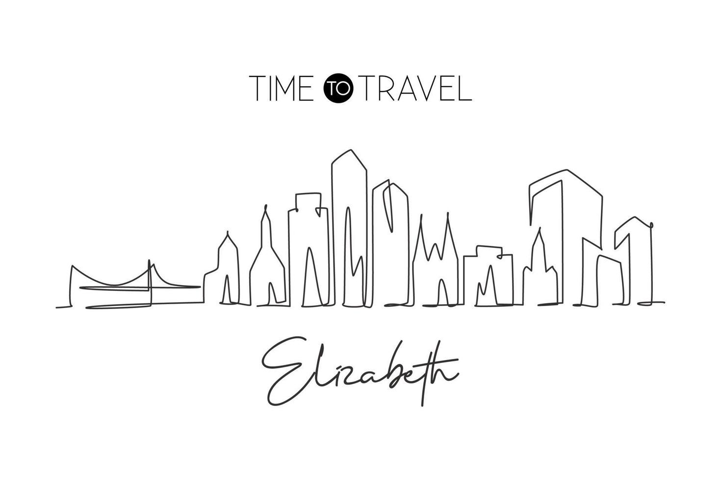 Single continuous line drawing of Elizabeth skyline, New Jersey. Famous city scraper landscape. World travel home wall decor art poster print concept. Modern one line draw design vector illustration