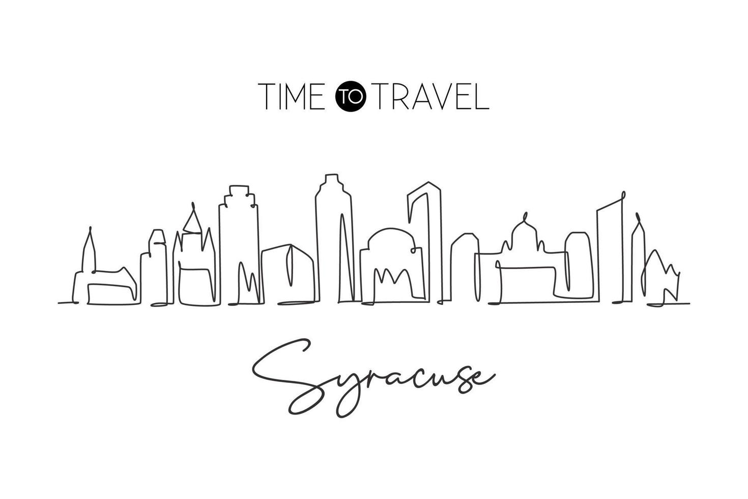 One single line drawing Syracuse city skyline New York State. World historical town landscape. Best holiday destination postcard. Editable stroke trendy continuous line draw design vector illustration