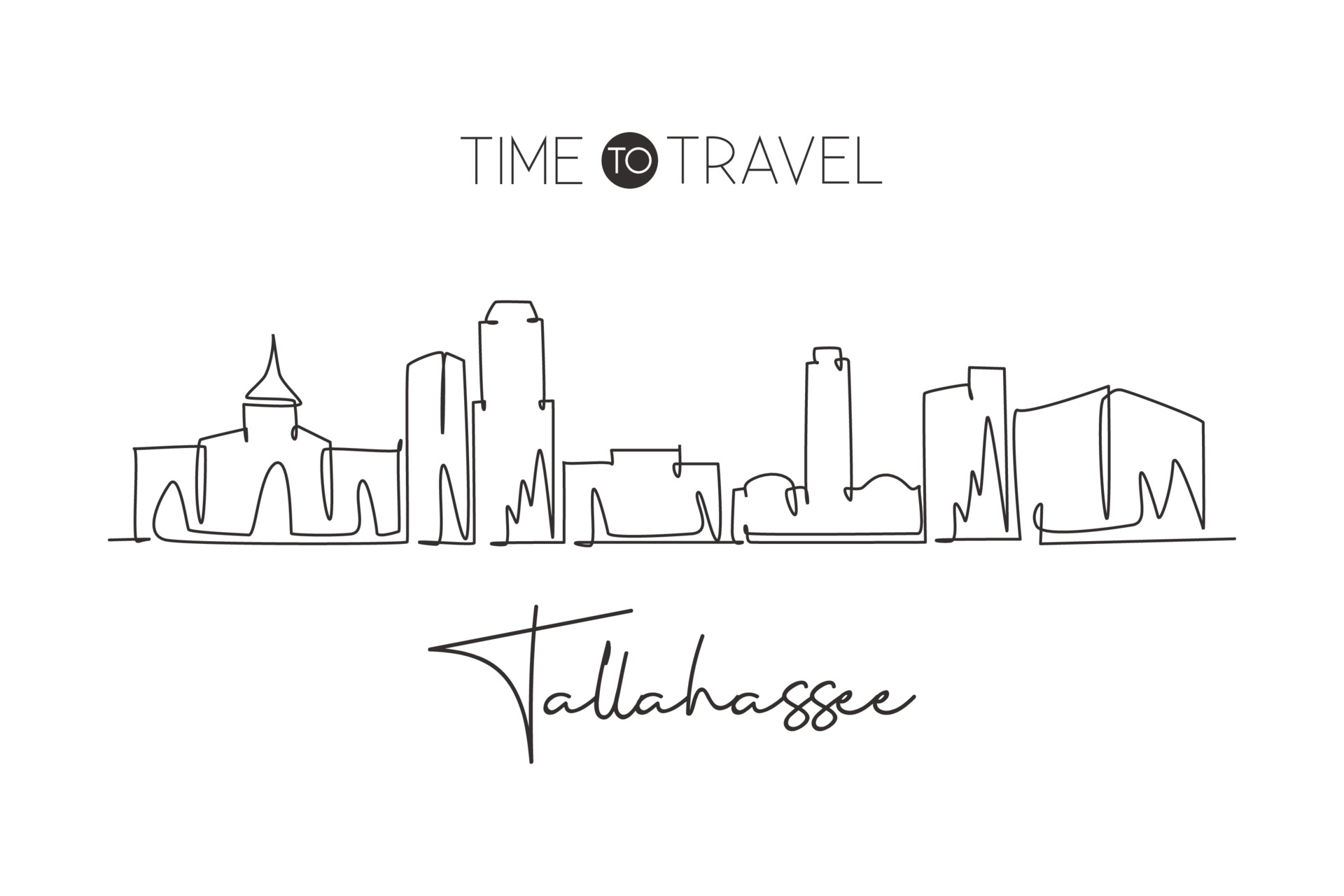 Single continuous line drawing of Tallahassee skyline, Florida. Famous