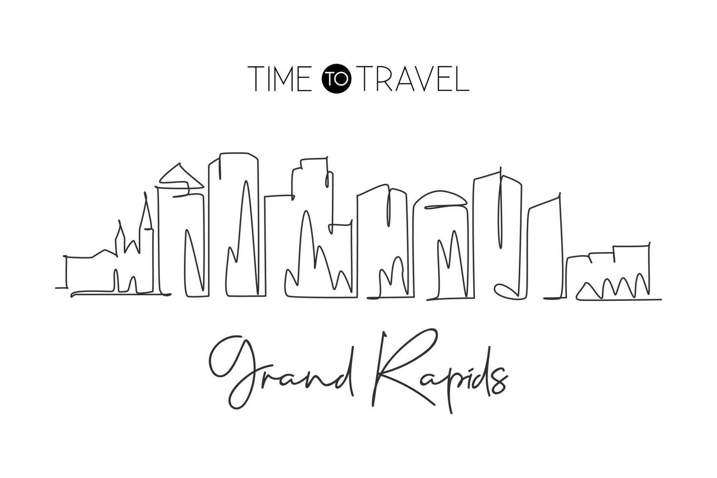 One continuous line drawing of Grand Rapids city skyline, Michigan. Beautiful landmark. World landscape tourism travel wall decor poster, postcard. Stylish single line draw design vector illustration