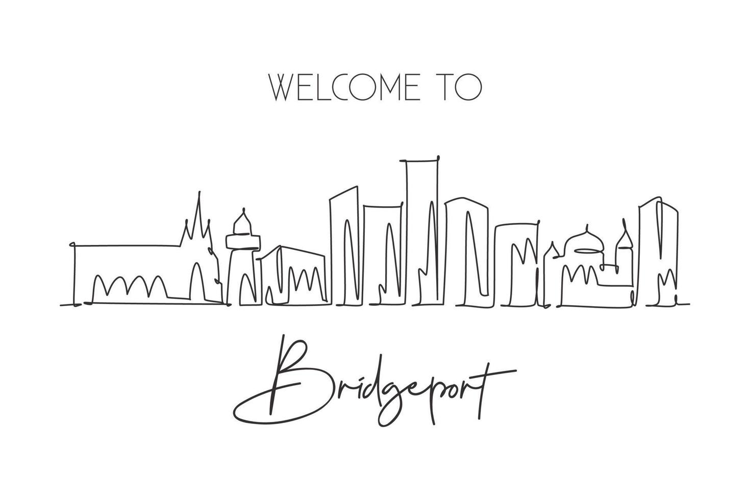 Single continuous line drawing Bridgeport skyline, Connecticut. Famous city scraper landscape. World travel home wall decor art poster print concept. Modern one line draw design vector illustration