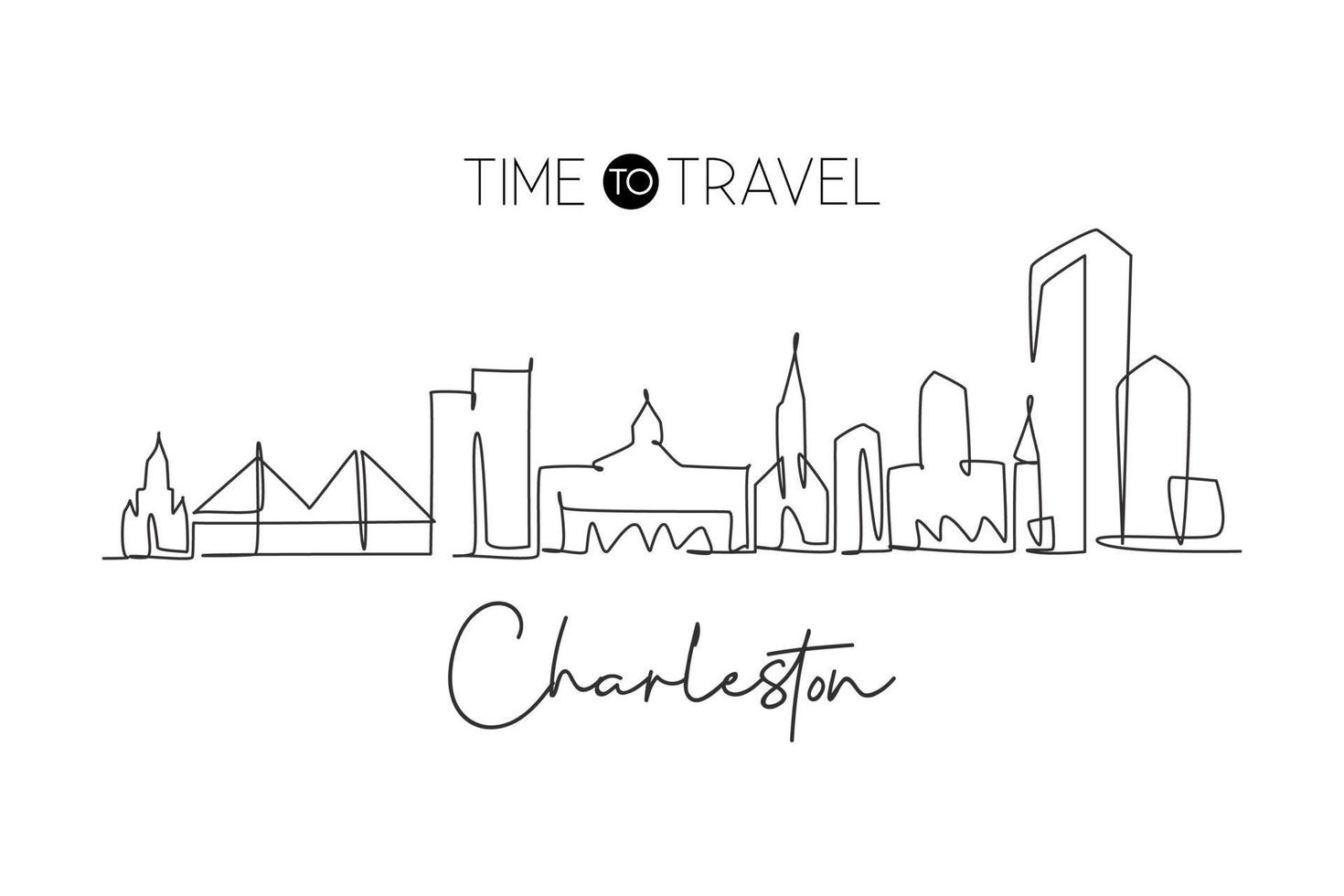 One continuous line drawing Charleston city skyline South Carolina. Beautiful landmark. World landscape tourism travel home wall decor poster print. Stylish single line draw design vector illustration