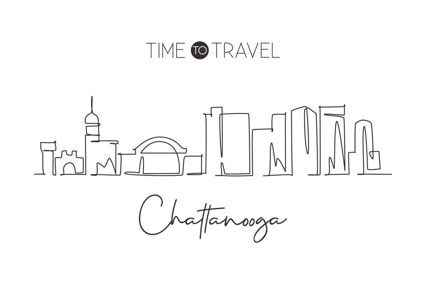 One continuous line drawing Chattanooga city skyline, Tennessee. Beautiful landmark. World landscape tourism travel home wall decor poster print. Stylish single line draw design vector illustration