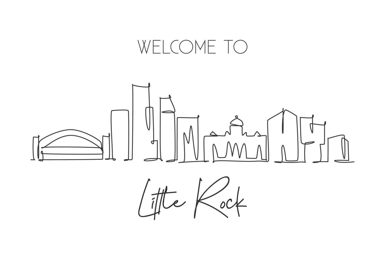 Single continuous line drawing of Little Rock skyline, Arkansas. Famous city scraper landscape. World travel home wall decor art poster print concept. Modern one line draw design vector illustration