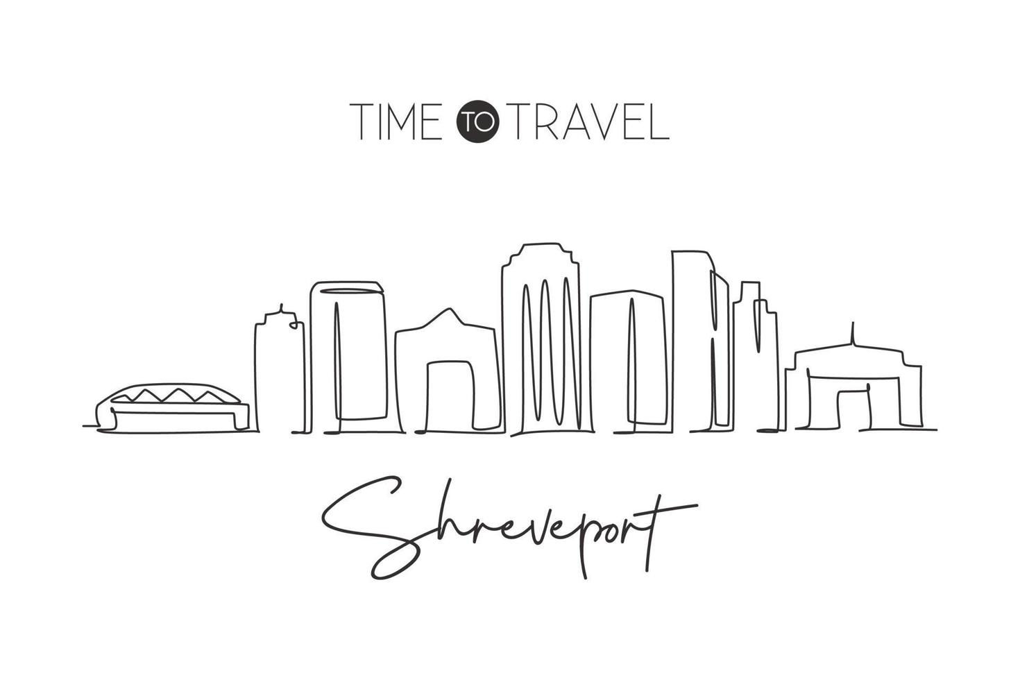 Single continuous line drawing of Shreveport skyline, Louisiana. Famous city scraper landscape. World travel home wall decor art poster print concept. Modern one line draw design vector illustration