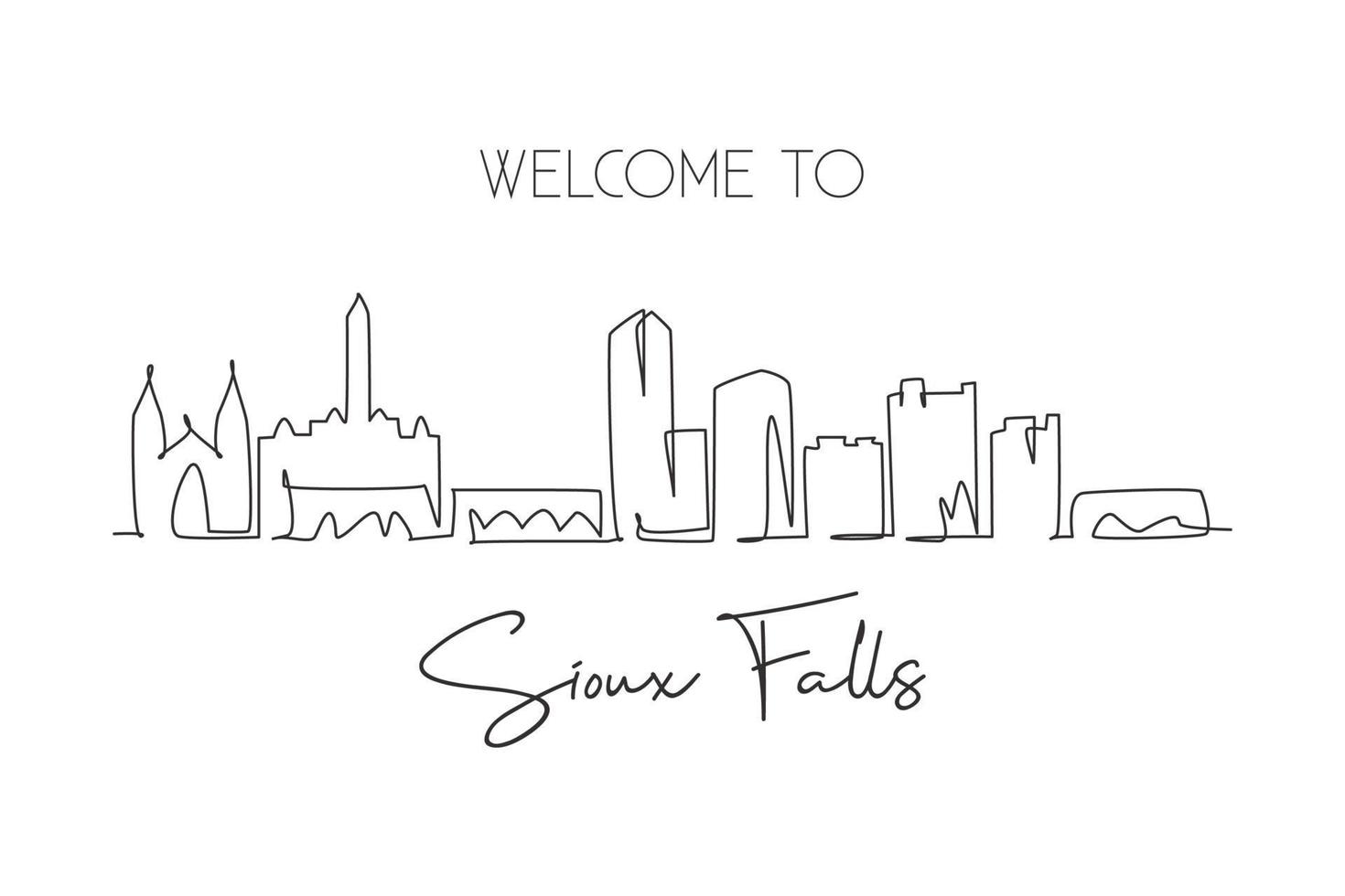 One continuous line drawing Sioux Falls city skyline, South Dakota. Beautiful landmark. World landscape tourism travel home wall decor poster print. Stylish single line draw design vector illustration