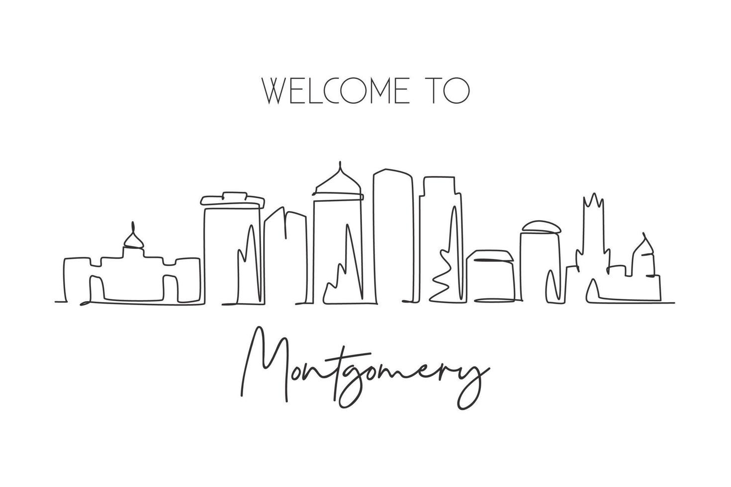 One continuous line drawing of Montgomery city skyline, Alabama. Beautiful landmark. World landscape tourism travel wall decor poster art, postcard. Stylish single line draw design vector illustration