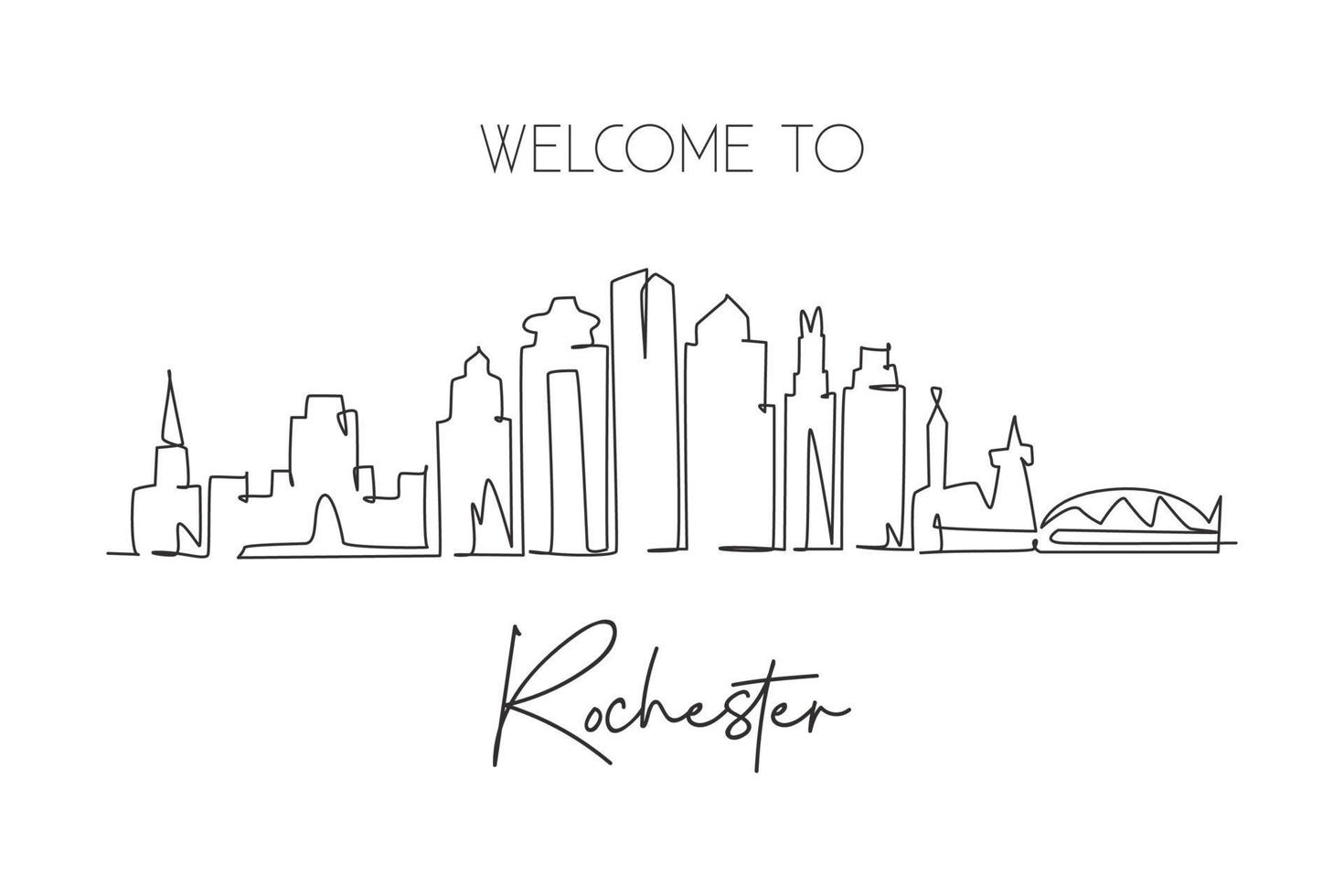 One continuous line drawing of Rochester city skyline, Minnesota. Beautiful landmark. World landscape tourism travel home wall decor poster print. Stylish single line draw design vector illustration