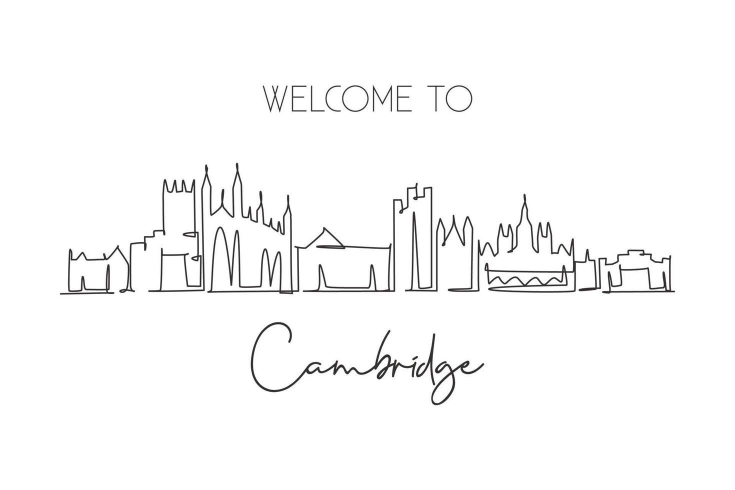 Single continuous line drawing of Cambridge city skyline, England. Famous city scraper landscape. World travel home wall decor art poster print concept. Modern one line draw design vector illustration