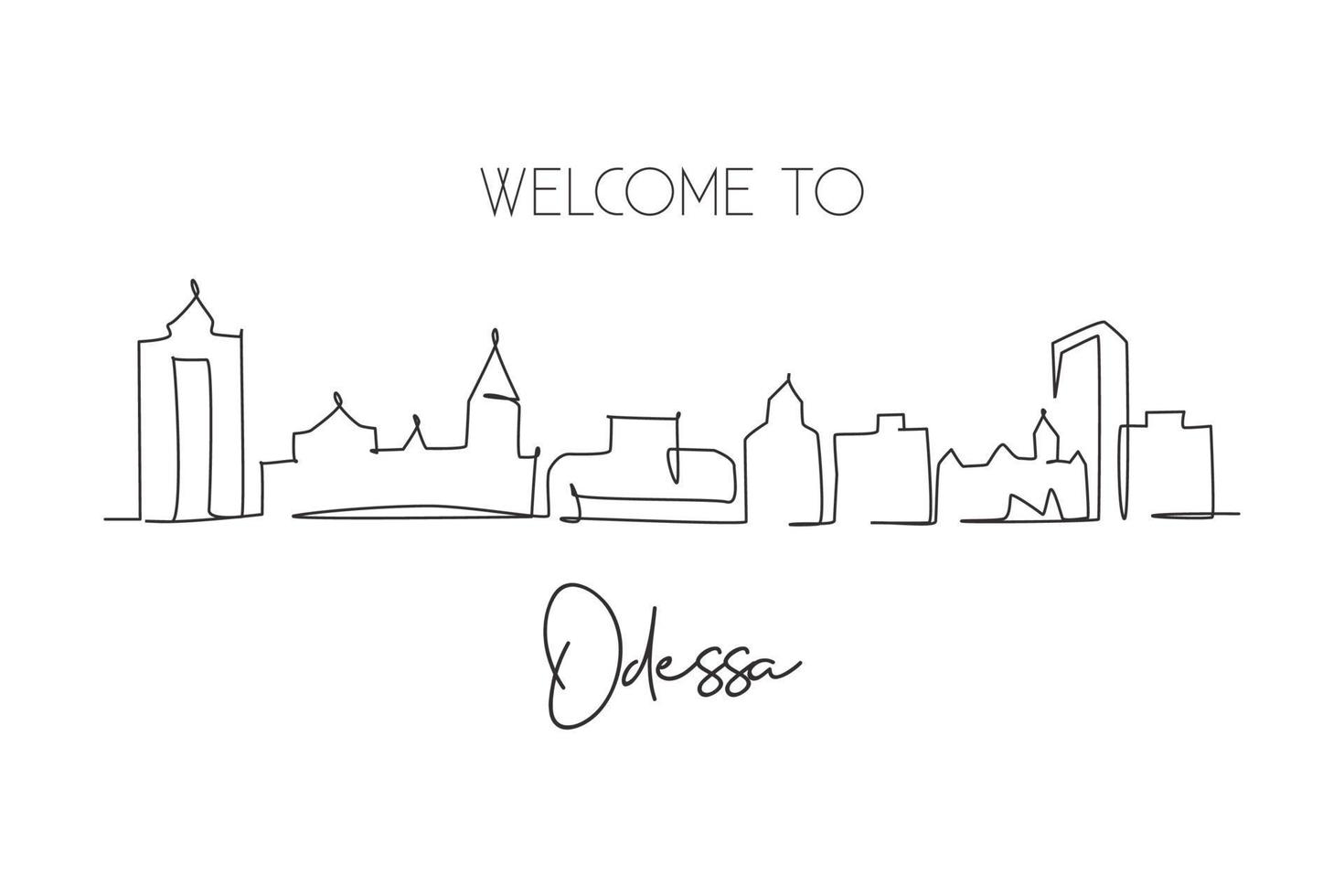 One single line drawing Odessa city skyline, Texas. World historical town landscape postcard. Best holiday destination. Editable stroke trendy continuous line draw design vector graphic illustration