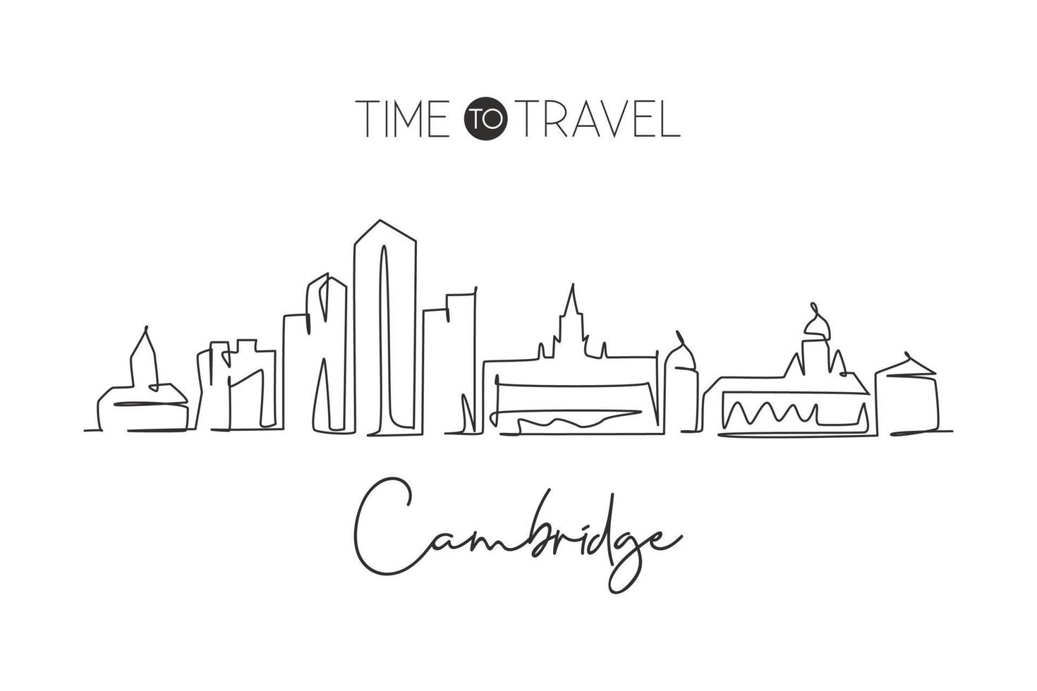 One single line drawing Cambridge city skyline Massachusetts. World historical town landscape postcard. Best holiday destination. Editable stroke trendy continuous line draw design vector illustration