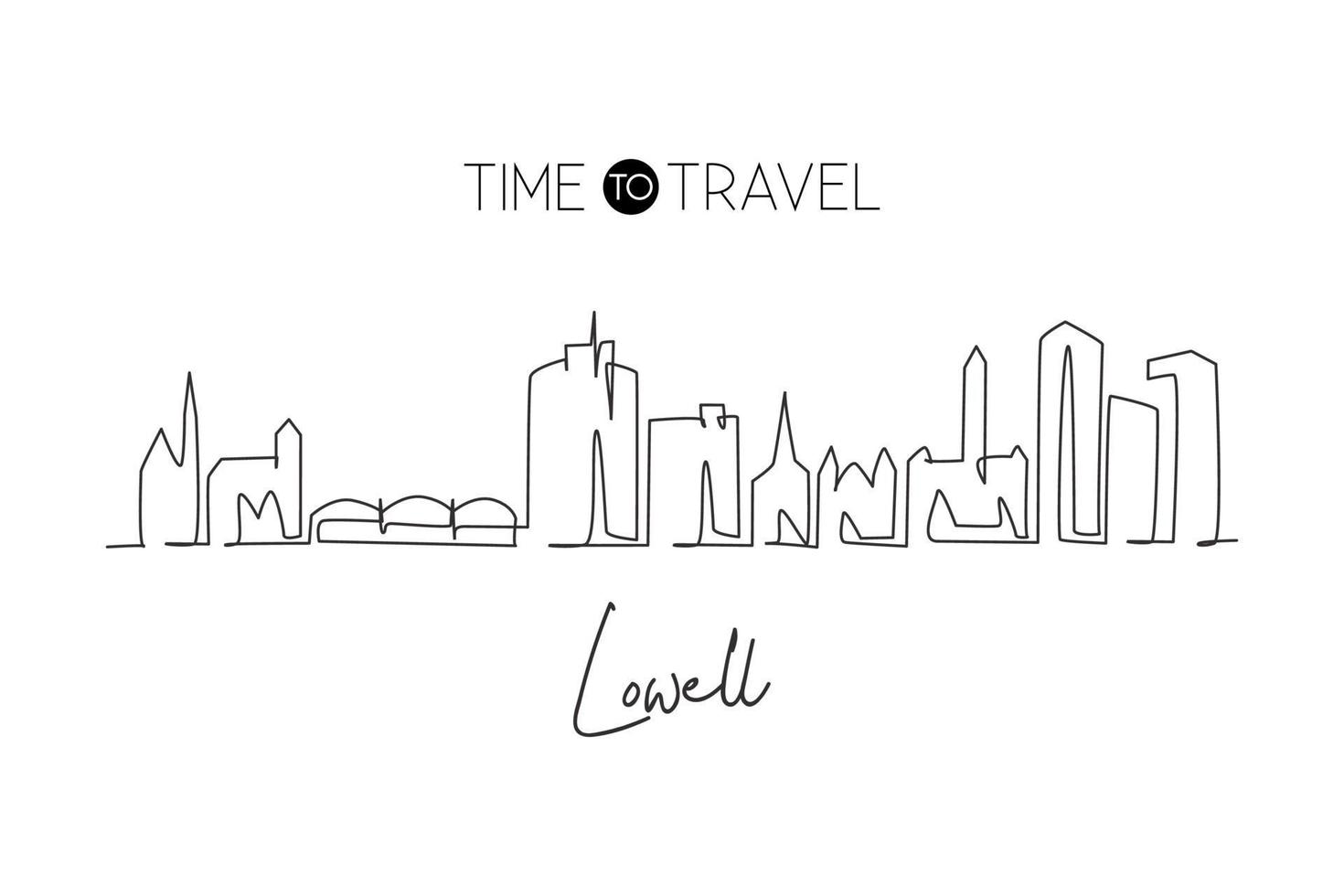 Single continuous line drawing of Lowell skyline, Massachusetts. Famous city scraper landscape. World travel home wall decor art poster print concept. Modern one line draw design vector illustration