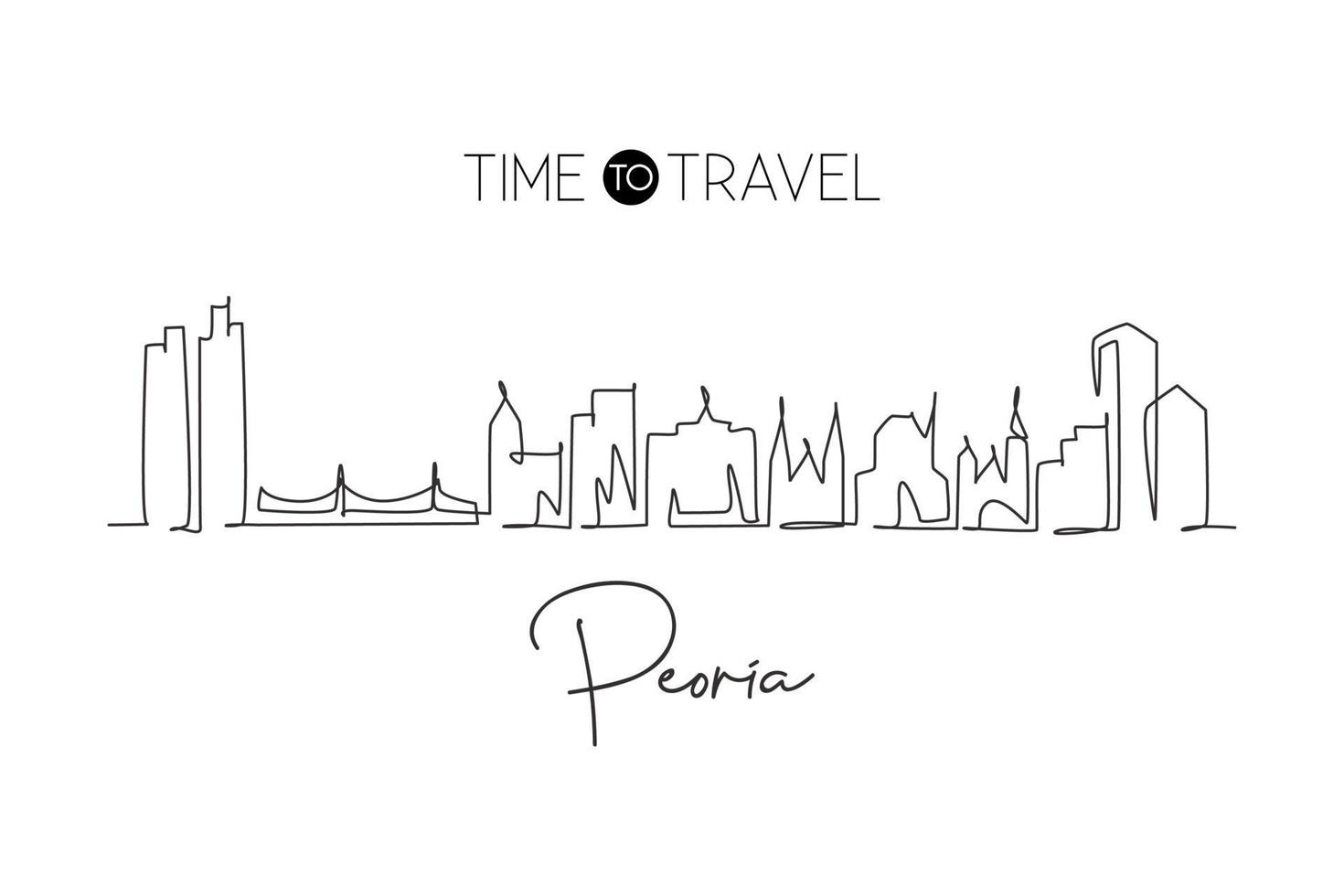 One single line drawing Peoria city skyline, Illinois. World historical town landscape. Best holiday destination postcard print. Editable stroke trendy continuous line draw design vector illustration