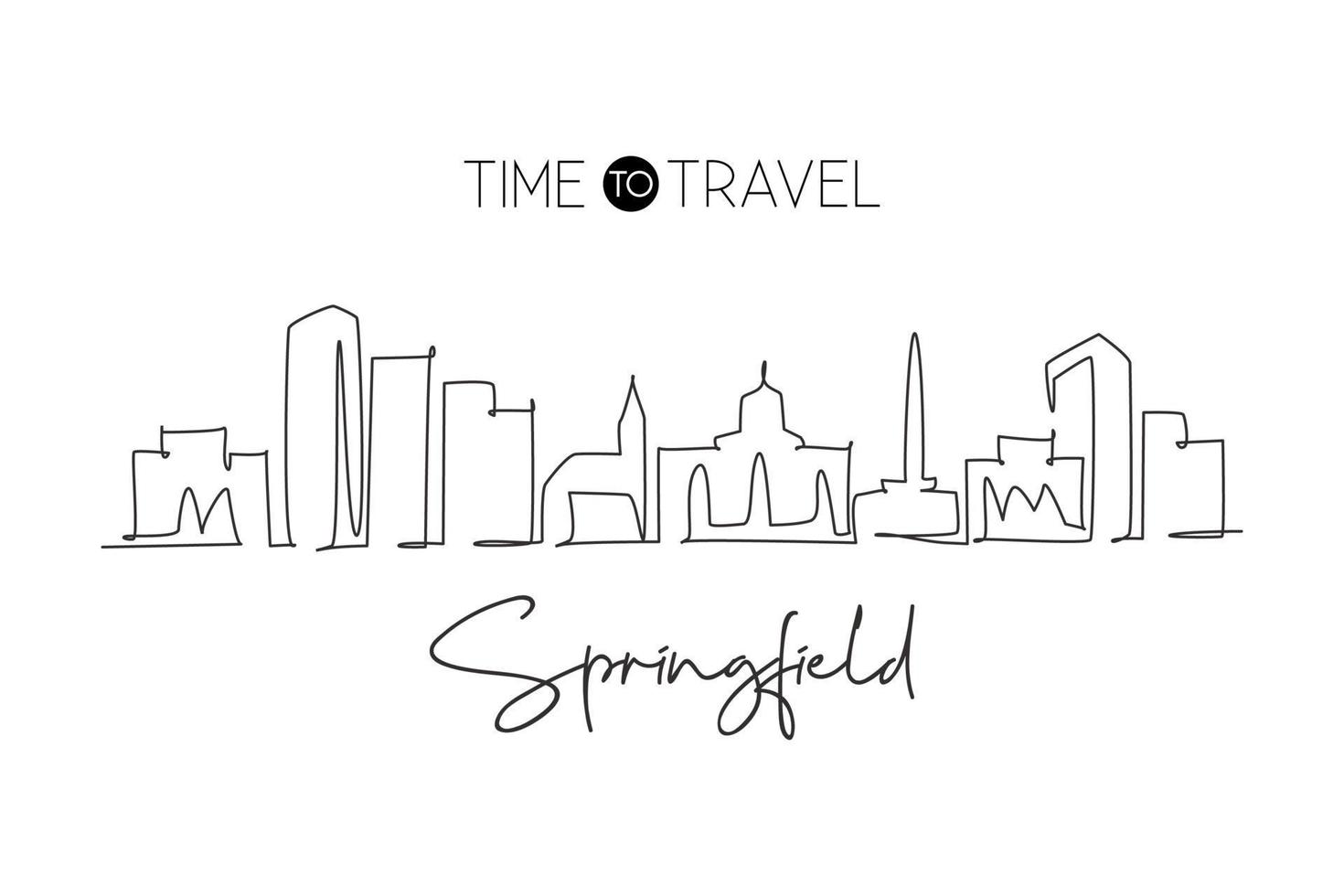 One single line drawing Springfield city skyline, Illinois. World historical town landscape. Best holiday destination postcard. Editable stroke trendy continuous line draw design vector illustration