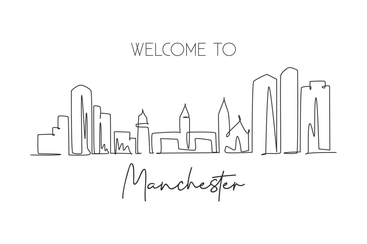 dibujo de una sola línea del horizonte de la ciudad de manchester, new hampshire. paisaje de la ciudad histórica mundial. mejor postal de destino de vacaciones. Ilustración de vector de diseño de dibujo de línea continua de moda de trazo editable