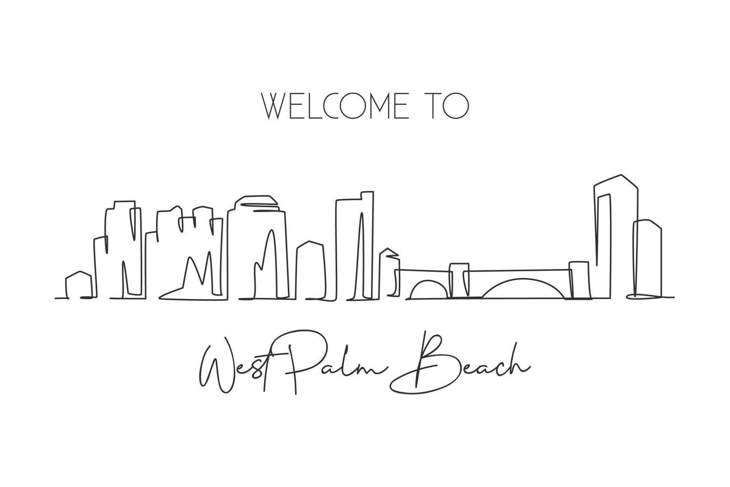 One single line drawing West Palm Beach city skyline Florida. World historical town landscape. Best holiday destination postcard. Editable stroke trendy continuous line draw design vector illustration