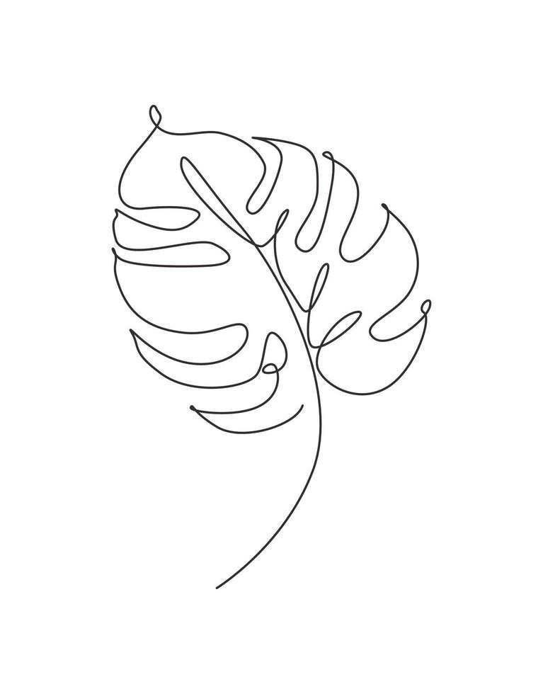 One single line drawing monstera leaf vector illustration. Minimal tropical leaves abstract floral pattern concept for poster, wall decor print. Modern continuous line graphic draw design