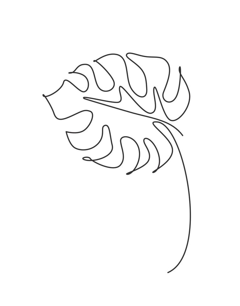 One continuous line drawing tropical monstera leaf. Minimal natural eco concept for spa salon logo. Home wall decor, poster, tote bag, fabric print. Single line draw design graphic vector illustration