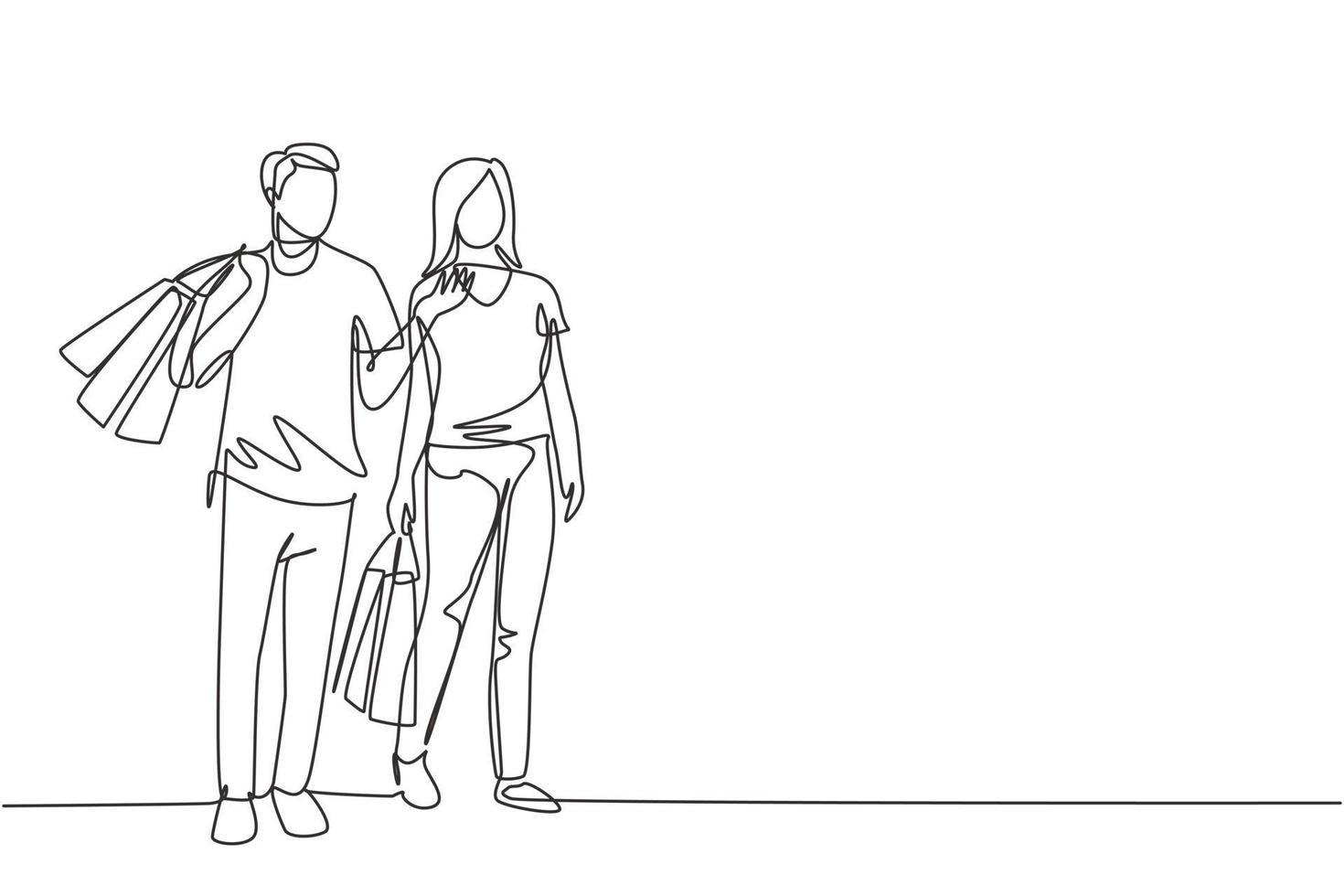 One single line drawing young happy romantic couple walking and shopping together while holding paper bags at mall. Commercial retail shopping concept. Continuous line draw design illustration vector
