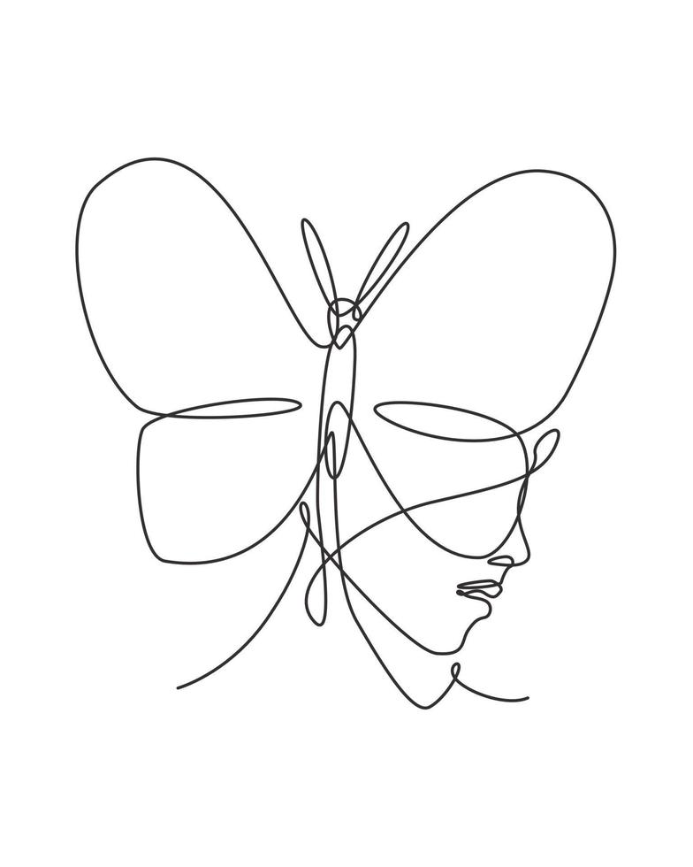 un dibujo de línea continua rostro abstracto de mujer sexy con logo de alas de mariposa. concepto de estilo minimalista de retrato femenino. icono cosmético. Ilustración de vector gráfico de diseño de dibujo de línea única dinámica