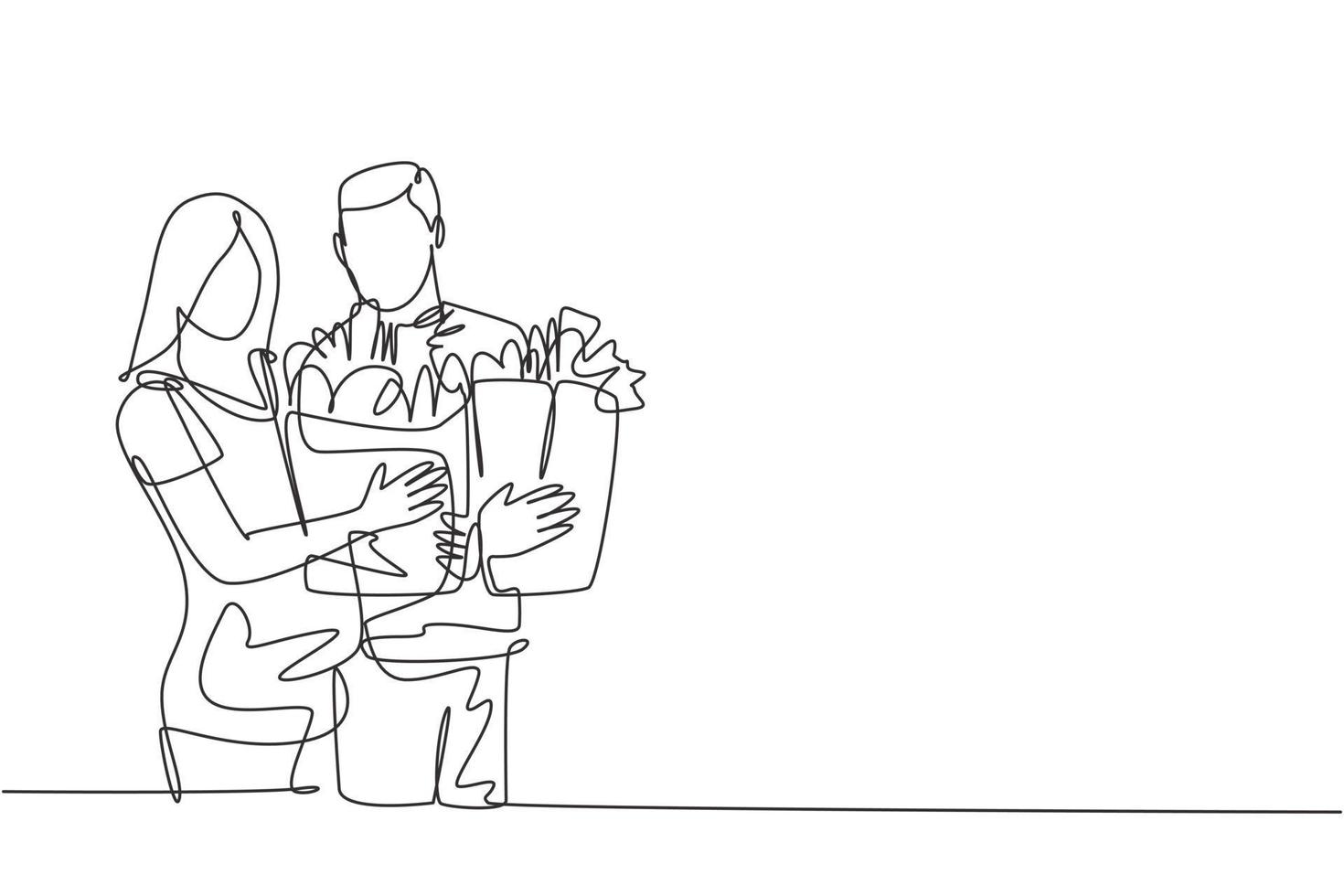 One single line drawing young happy romantic couple holding paper grocery bags after buying daily goods at grocery store. Commercial retail shopping concept. Continuous line draw design illustration vector