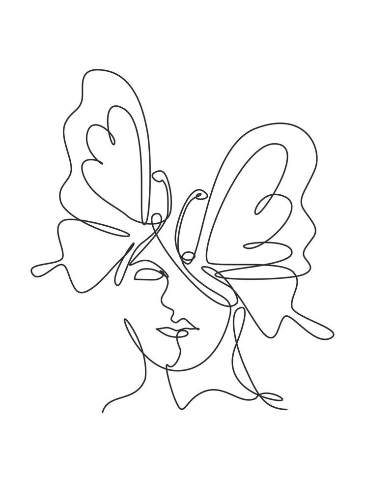 One continuous line drawing sexy woman abstract face with butterfly wings logo. Female portrait minimalist style concept. Cosmetic icon. Dynamic single line draw design vector graphic illustration