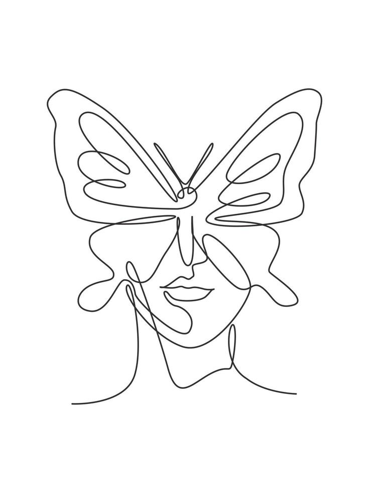 One continuous line drawing sexy woman abstract face with butterfly wings logo. Female portrait minimalist style concept. Cosmetic icon. Dynamic single line draw design vector graphic illustration