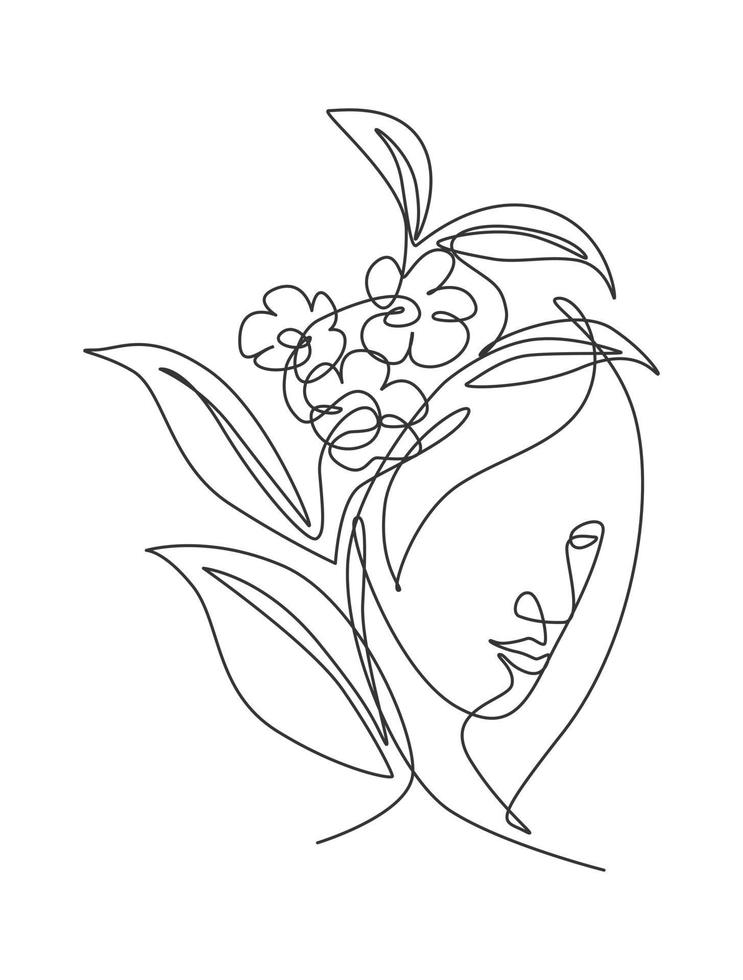 One single line drawing abstract face with natural flowers vector illustration. Beauty woman portrait minimalistic style concept for wall decor art print. Modern continuous line graphic draw design