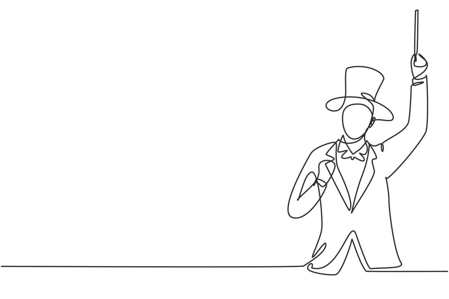 mago de dibujo de línea continua única con gesto de celebración con sombrero y sosteniendo una varita mágica listo para entretener a la audiencia en el programa de televisión. Ilustración de vector de diseño gráfico de dibujo de una línea