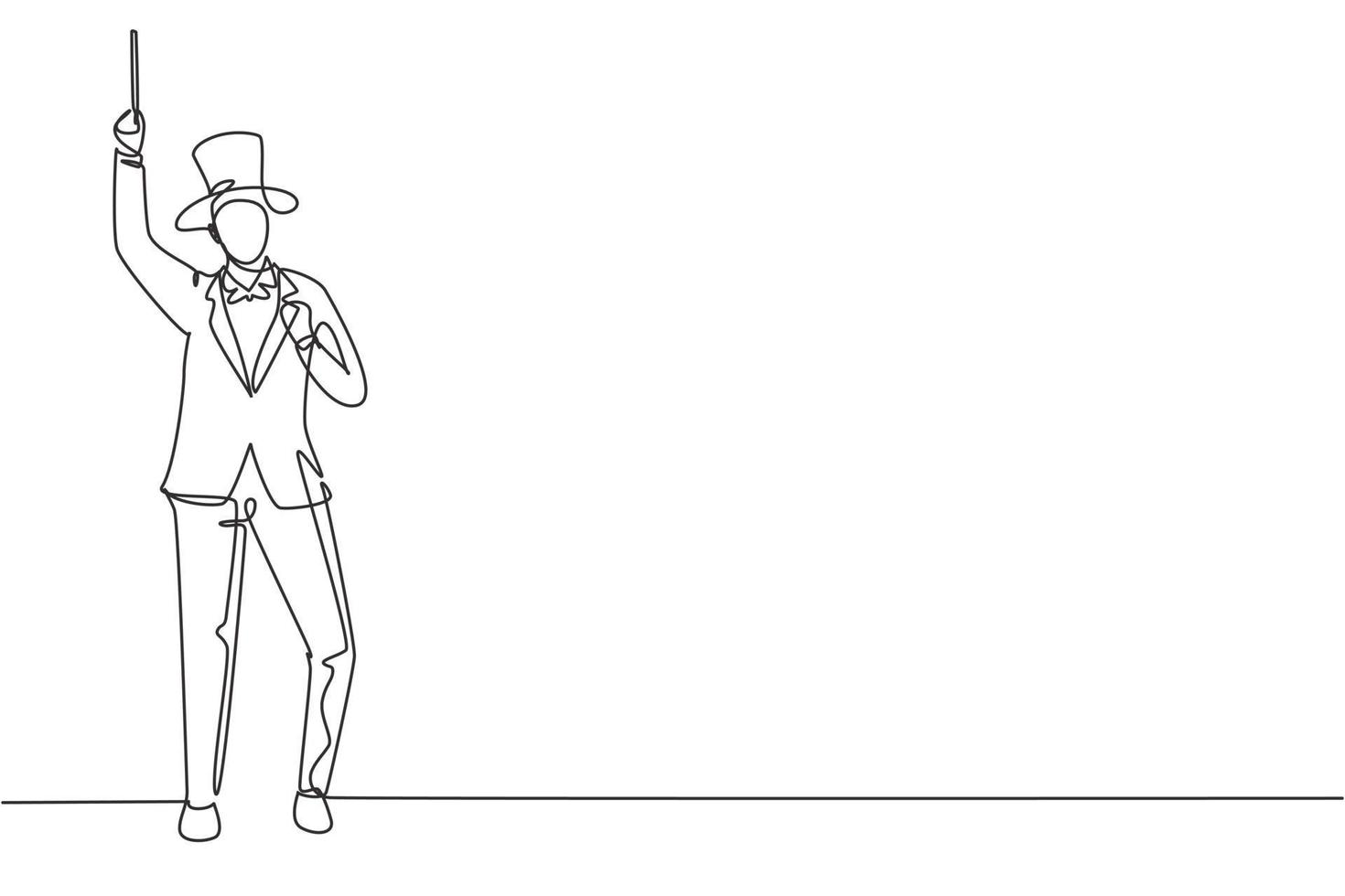 Continuous one line drawing magician stands with celebrate gesture wearing hat and holding magic wand performing tricks at circus show. Success job. Single line draw design vector graphic illustration