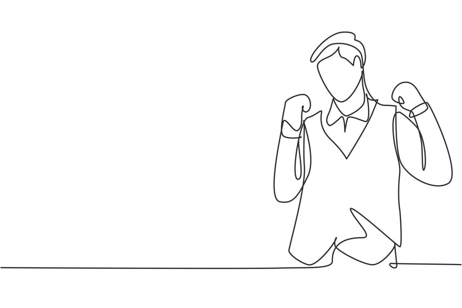 Continuous one line drawing steward with celebrate gesture ready to serve airplane passengers in a friendly and warm manner. Professional person. Single line draw design vector graphic illustration