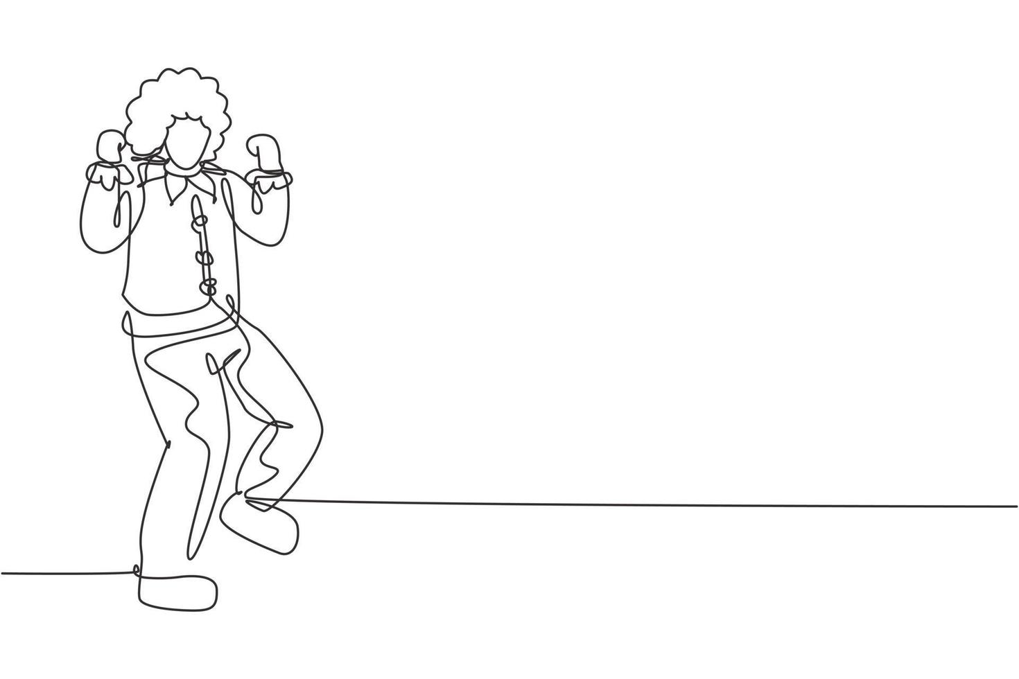Single one line drawing clown stands with celebrate gesture wearing wig and clown costume ready to entertain audience in circus arena. Modern continuous line draw design graphic vector illustration