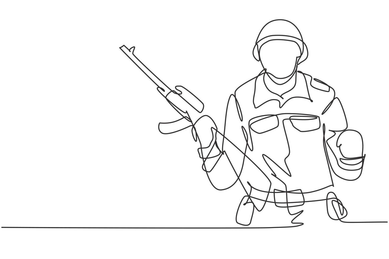 Continuous one line drawing soldier with weapon, full uniform, and celebrate gesture is ready to defend the country on battlefield against enemy. Single line draw design vector graphic illustration