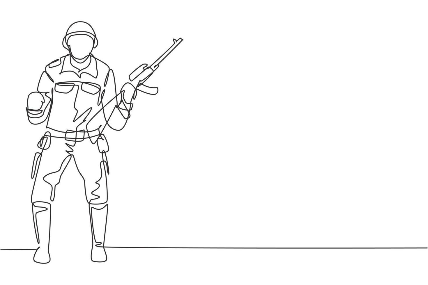 Un soldado de dibujo continuo de una línea se para con arma, uniforme completo y celebra el gesto de servir al país con la fuerza de las fuerzas militares. Ilustración gráfica de vector de diseño de dibujo de una sola línea