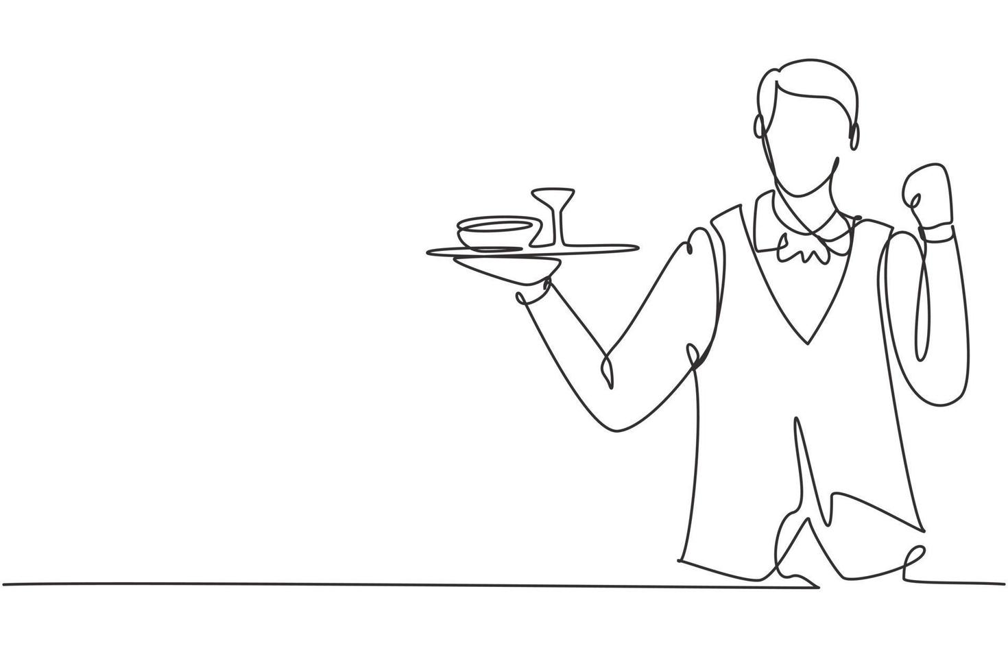 Single continuous line drawing waiter with celebrate gesture and brought a tray of drinking glasses serving visitors at cafeteria. Success job. Dynamic one line draw graphic design vector illustration