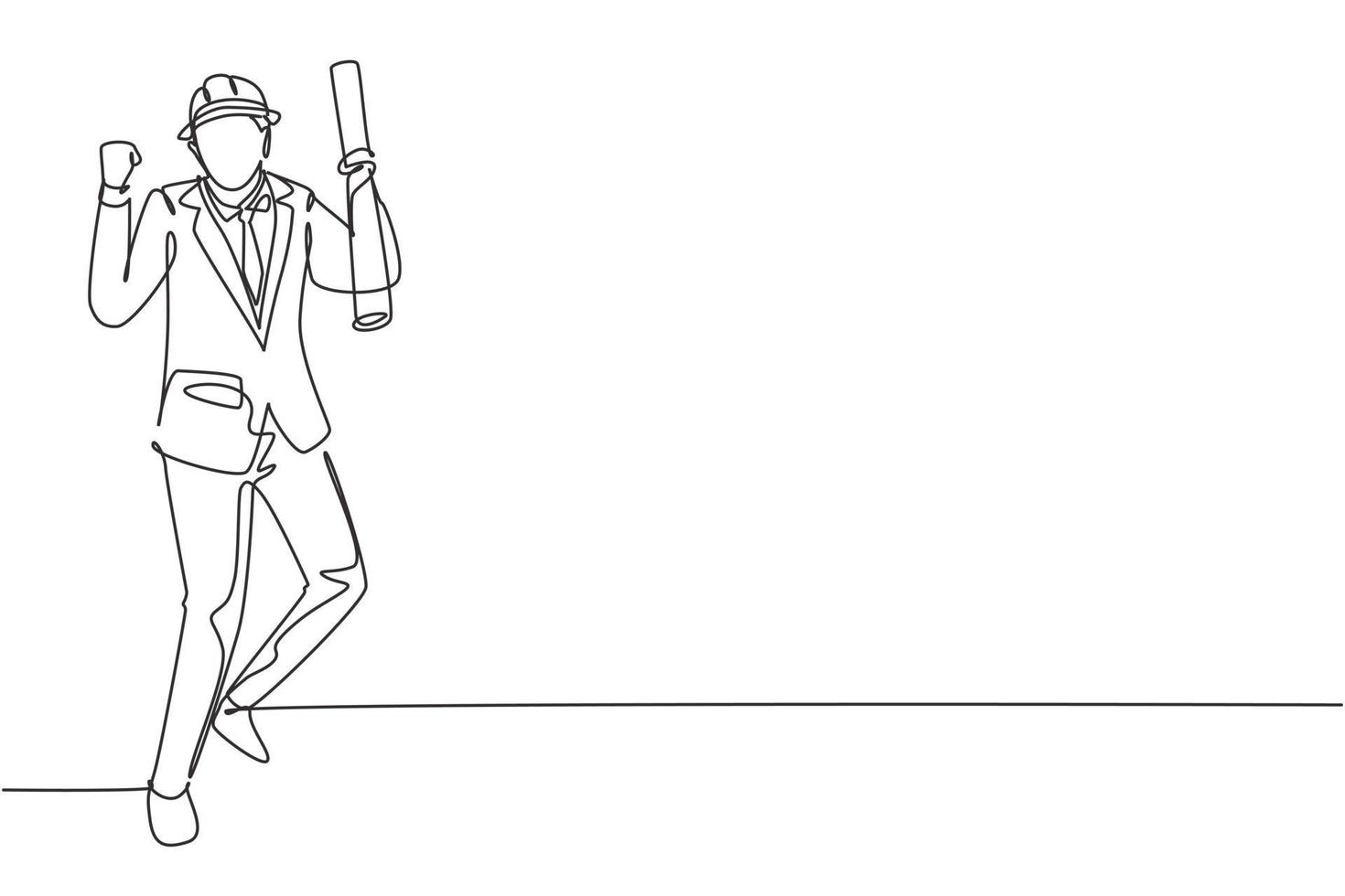 Single one line drawing architect stood with celebrate gesture and wearing helmet carrying blueprint for the building's work plan. Success job. Continuous line draw design graphic vector illustration