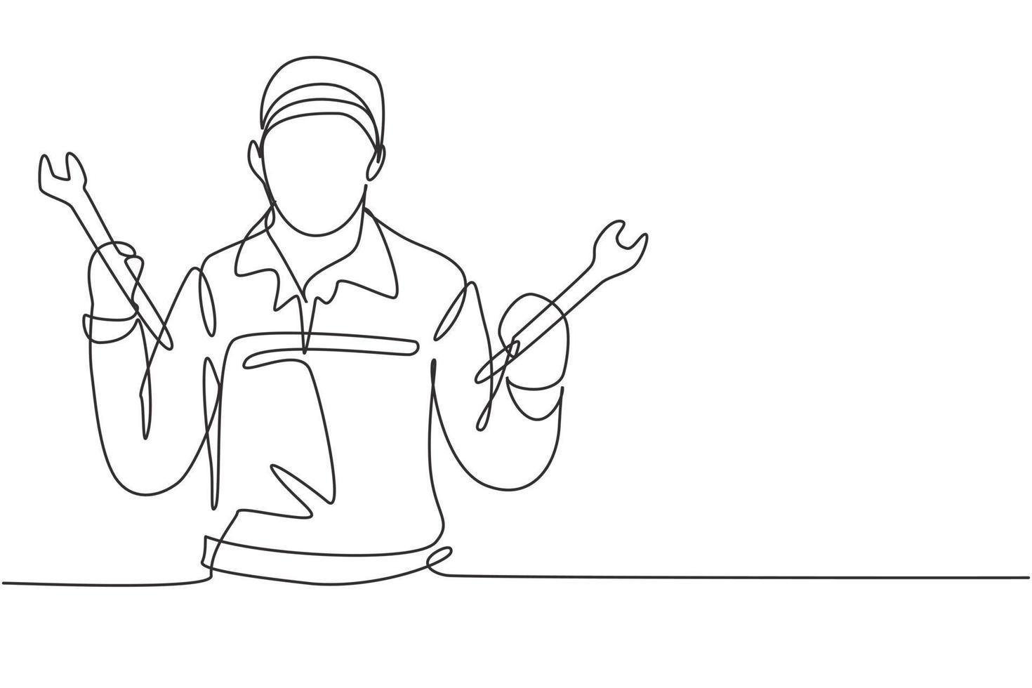Single one line drawing mechanic with celebrate gesture and holding