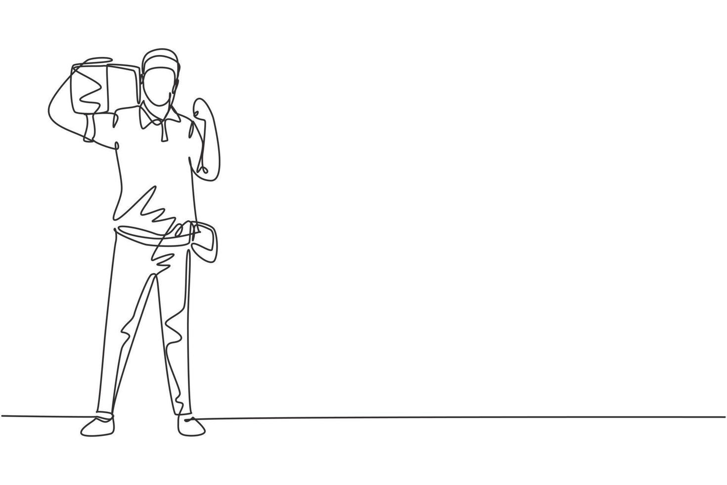 Single one line drawing deliveryman stands with celebrate gesture carrying package box that customer order to be delivered safely. Success job. Continuous line draw design graphic vector illustration