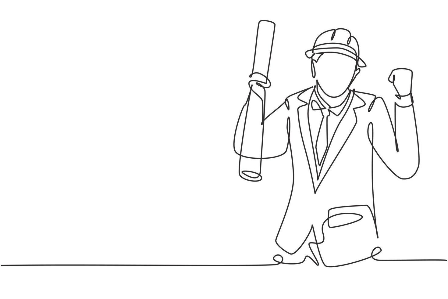 Continuous one line drawing architect with celebrate gesture and wearing helmet carried building construction drawing paper. Successful business. Single line draw design vector graphic illustration