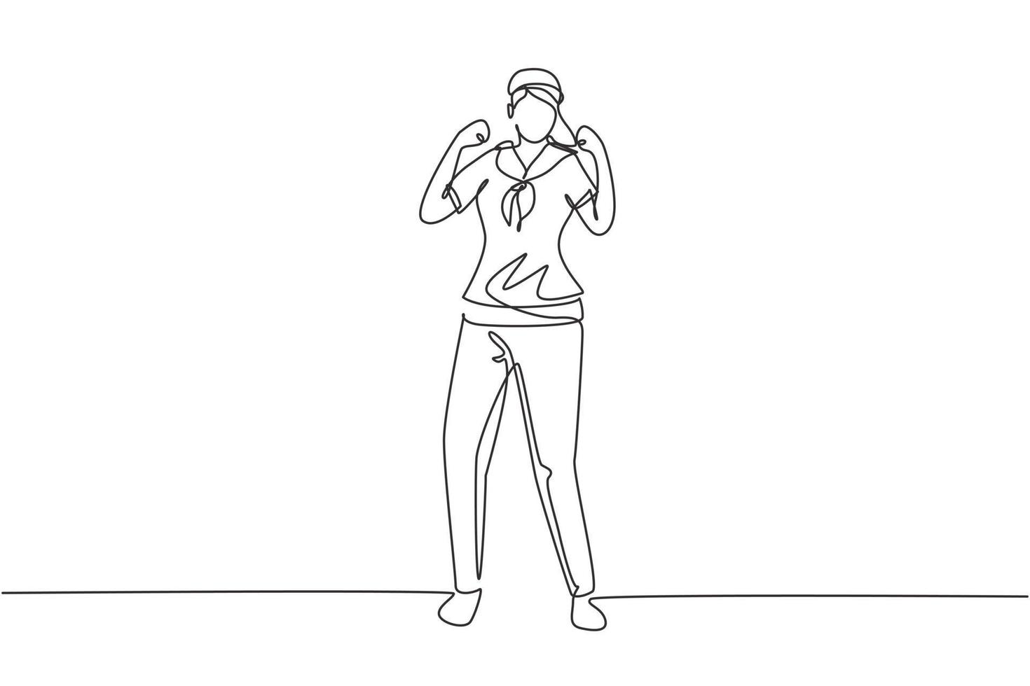 Single one line drawing sailor woman stands with celebrate gesture and scarf join cruise ship carrying passengers traveling across seas. Modern continuous line draw design graphic vector illustration