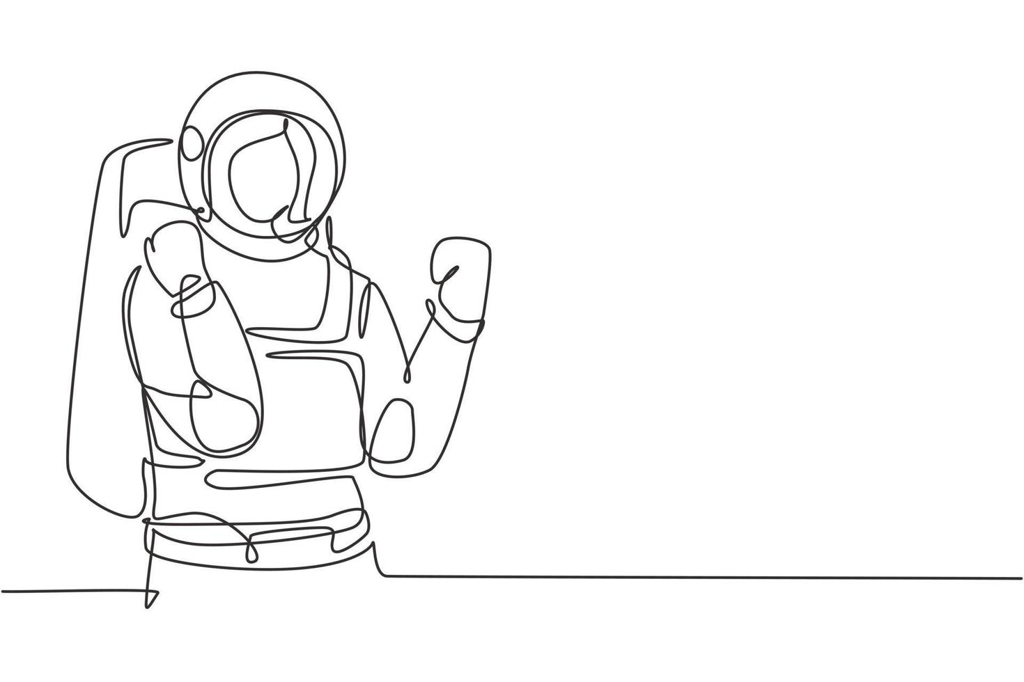 Continuous one line drawing female astronaut with celebrate gesture wearing spacesuits to explore outer space in search mysteries of universe. Single line draw design vector graphic illustration